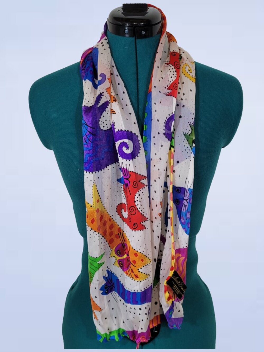 Vintage Laurel Burch Silk Scarf Whimsical Colorful Cat Feline Art Wearable Art